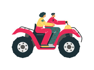 Red Quad bike with people, Four-wheeled quadrocycle, ATV off-road transport, extreme sport vector flat illustration