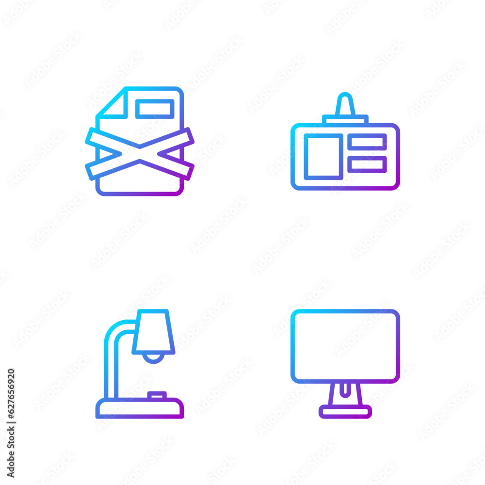 Poster set line computer monitor, table lamp, delete file document and identification badge. gradient color