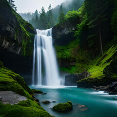 Fototapeta premium Breathtaking view of waterfall falling down from cliff. Amazing landscape