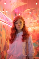 At a vibrant neon festival, a beautiful young woman with flaming red hair stands out in her unique clothing, glowing like a beacon against the indoor walls