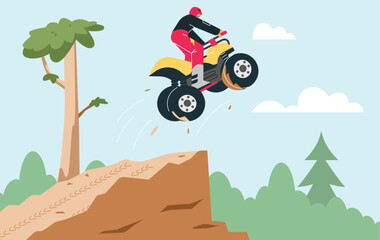 Man in helmet jumping off cliff on quad bike scene flat style