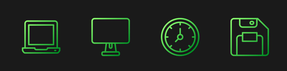 Set line Clock, Laptop, Computer monitor and Floppy disk. Gradient color icons. Vector