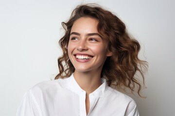 Portrait of young happy woman looks in camera. Skin care beauty, skincare cosmetics, dental concept isolated over white background. - obrazy, fototapety, plakaty