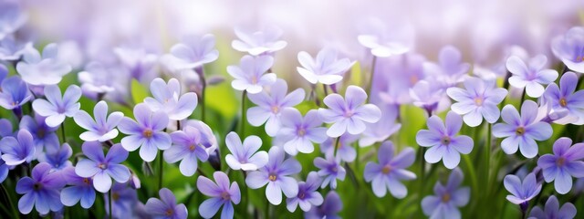 Beautiful tender spring violet white flowers in nature outdoors in form of ultra wide banner format, panorama