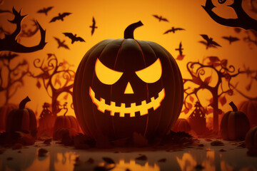Halloween pumpkin paper cutout silhouette with glowing orange light
