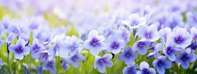 Fototapeta na wymiar Beautiful tender spring violet white flowers in nature outdoors in form of ultra wide banner format, panorama