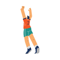 Fototapeta na wymiar Volleyball player man reaching for the ball, stretches, back view in a jump cartoon vector flat isolated illustration