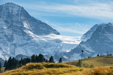 Idyllic summer panorama landscape in the Alps with fresh green meadows and snowcapped mountain tops in the background. Switzerland