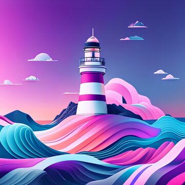 Lighthouse on the sea with pastel colors, digital illustration.