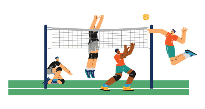 Volleyball players throw the ball over net, flat vector illustration isolated.