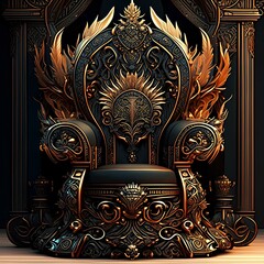 Royal, dark gothic throne, front view, digital illustration.