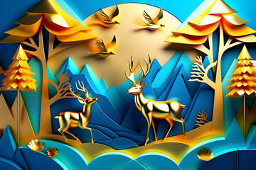 Blue and golden deer animal with mountain, birds and trees illustration background. Generative AI