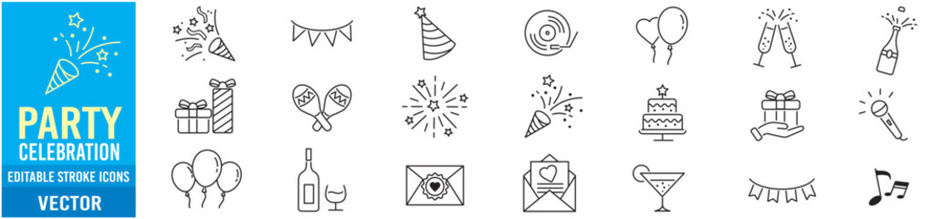 Party celebration celebrate happy birthday dancing music line icon set 