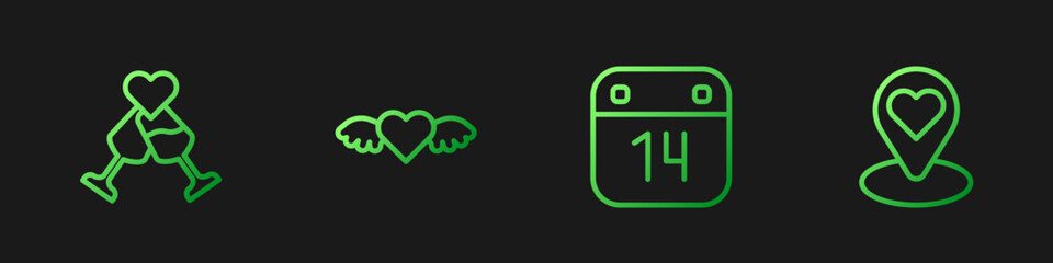 Set line Calendar with February 14, Glass of champagne, Heart wings and Location heart. Gradient color icons. Vector