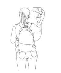Woman recording video selfie with phone and stabilizer. Wearing backpack. Back view. Vector illustration in line art style.