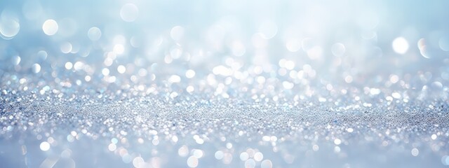 Glitter background in pastel delicate silver light blue and white tones de-focused