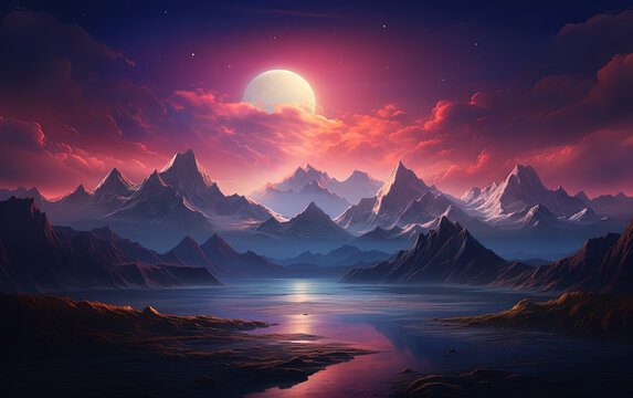 Abstract landscape, futuristic landscape of mountains and river, moon, rocky mountains, colorful. AI generated