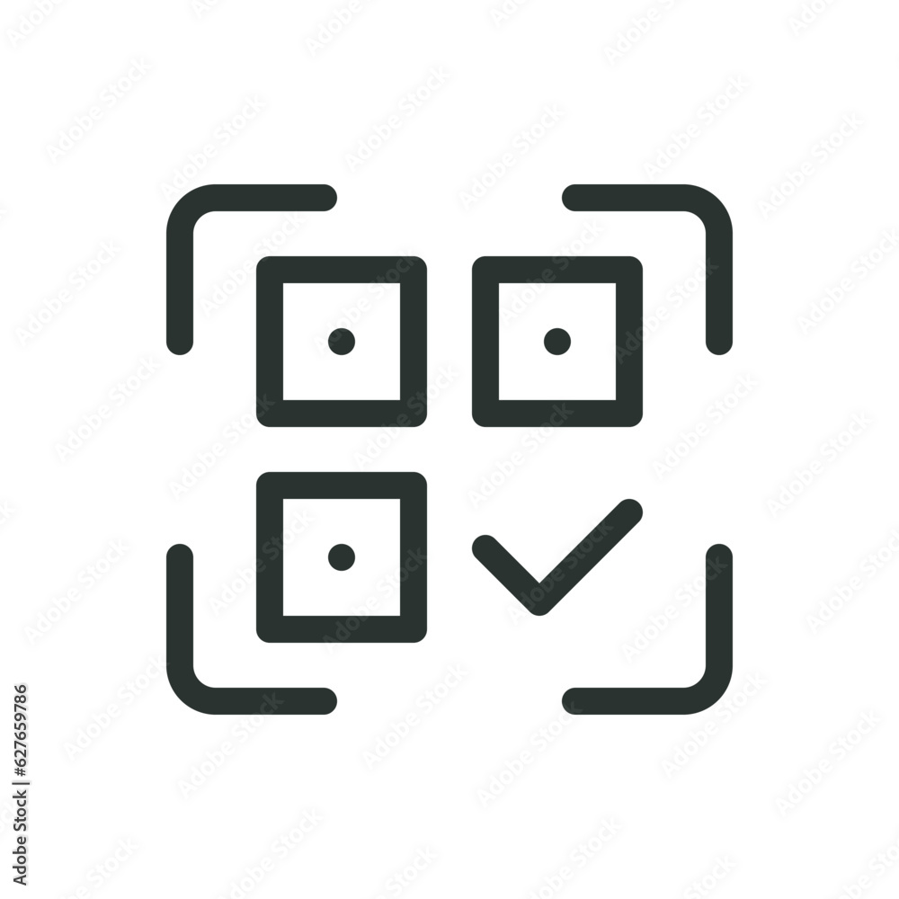 Poster qr code check mark isolated icon, successful qr code scan icon with editable stroke