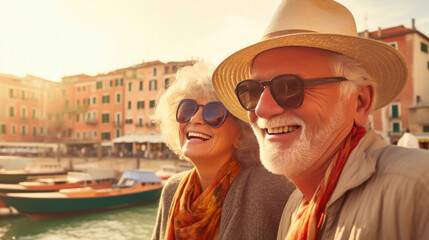 Happy seniors on vacay travelling in Italy