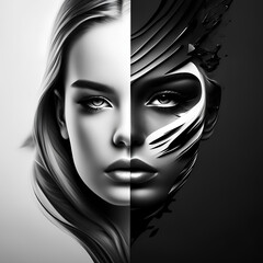 High contrast black and white portrait of a beautiful girls, good and evil concept.