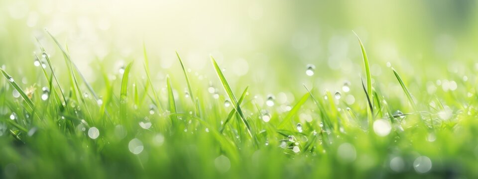 Juicy lush green grass on meadow with drops of water dew sparkle in morning light, spring summer outdoors close-up, copy space, wide format. Beautiful artistic image of purity and freshness of nature