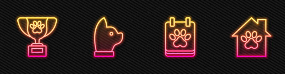 Set line Calendar grooming, Pet award symbol, Cat and house. Glowing neon icon. Vector