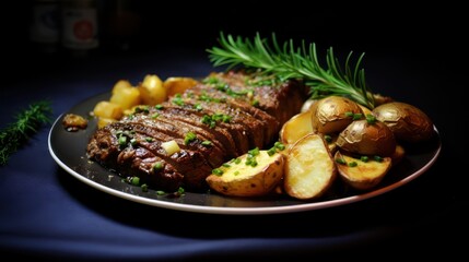 Fototapeta na wymiar Fried steak with oven potatoes