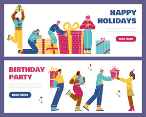 Happy people give and receive gift boxes, holiday surprise, birthday celebration cartoon vector flyers tamplate set