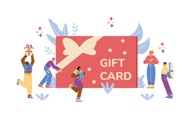 Happy man receive huge gift card, excited people with gift box, surprise, present, bonus or loyalty vector illustration