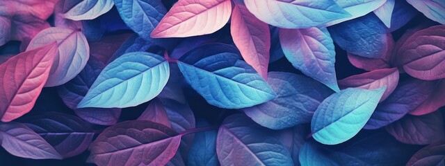 Natural macro texture of beautiful leaves toned in blue and purple pink tones. Flat lay