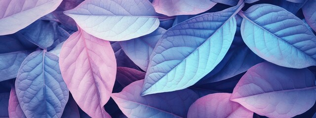 Natural macro texture of beautiful leaves toned in blue and purple pink tones. Flat lay