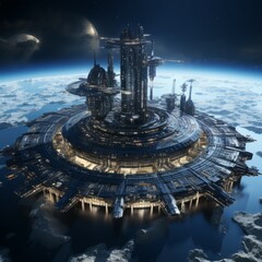 Futuristic orbital space station. Concept of the future earth satellite. 3d render of a mega city on planet Earth's orbit. Future spaceship docking station. Big structure hovering over earth's surface