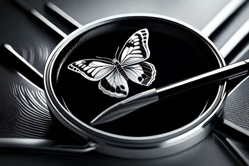vector representation of silver butterfly on dark black butterfly in round ink pan 