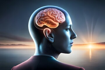 Obraz premium MRI image of human brain with head , human brain illustration inside the skull with modern technology