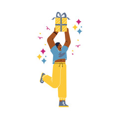 Man excited to get holiday gift or reward, flat vector illustration isolated.