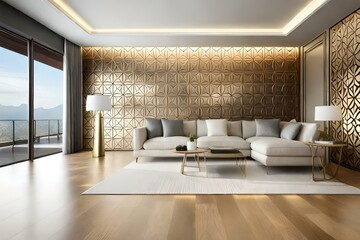 Fototapeta premium modern drawing room , beautiful cream and golden color ceiling with golden architectural art work on the front wall and white lamp on side with long golden stand 