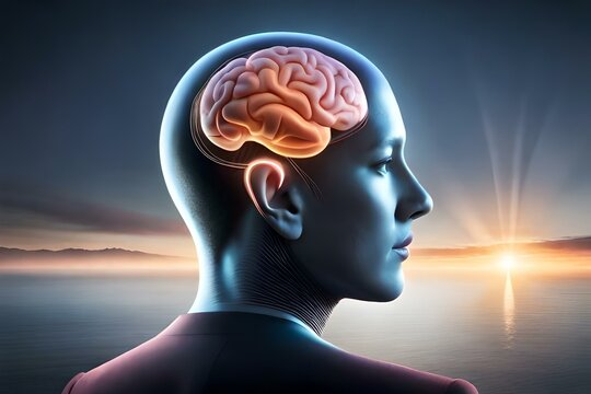 MRI image of human brain with head , human brain illustration inside the skull with modern technology