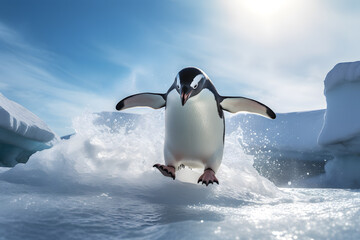 A penguin sliding on the ice - obrazy, fototapety, plakaty