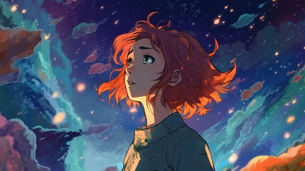 a beautiful anime wallpaper illustration of a red haired woman watching the universe and thinking about life, ai generated image