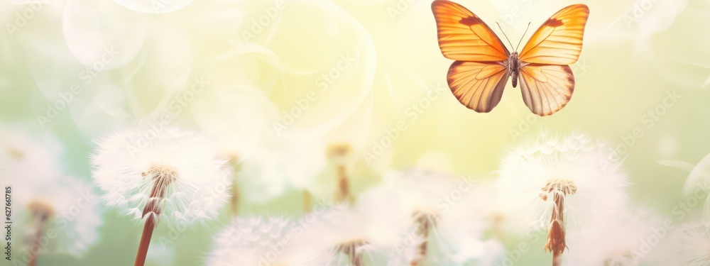 Wall mural Spring background with light transparent flowers dandelion and flitting orange butterfly in pastel light tones macro with soft focus. Delicate airy elegant artistic image of nature