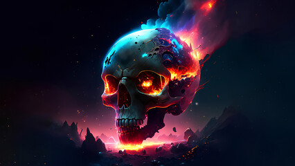 Skull in colorful flames in the darkness with glowing background, digital illustrator wallpaper design.