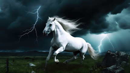 Obraz na płótnie Canvas a majestic horse is running in front of thuner and storm, ai generated image