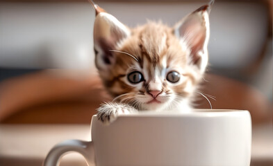 A pretty little kitten peeks out of a mug, a funny pet, a cat in a mug