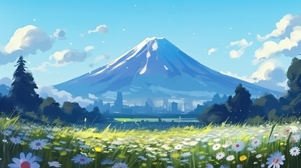 a beautiful mount fuji illustration from field of flower view, ai generated image