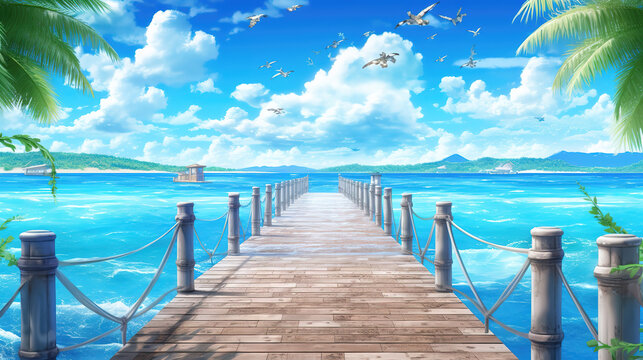 a bridge at the beach in a hawiian anime style, ai generated image