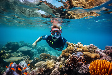 A person snorkeling in a coral reef and wearing a mask