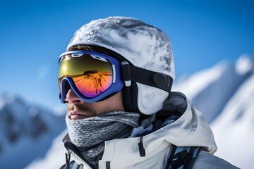 Fototapeta na wymiar A closeup portrait of person in a snowy mountain, who wearing goggles