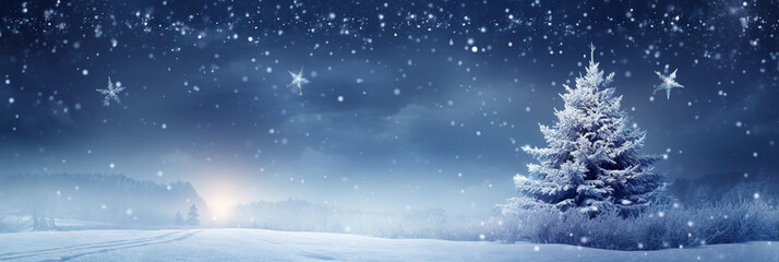 Verschneite Winterlandschaft mit Baum und schneesternen, Schneeflocken (Generative AI)