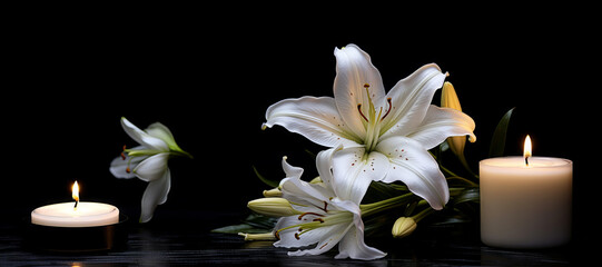Beautiful lily and burning candle on dark background with space for text. Funeral flower. Generative Ai.