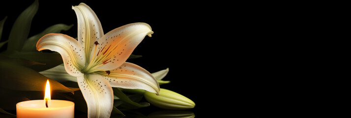 Beautiful lily and burning candle on dark background with space for text. Funeral flower banner style. Generative Ai.